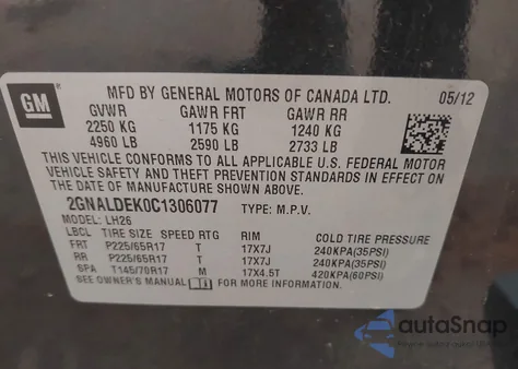 2012 Chevrolet Equinox 1Lt from USA, damaged, VIN 2GNALDEK0C1306077
